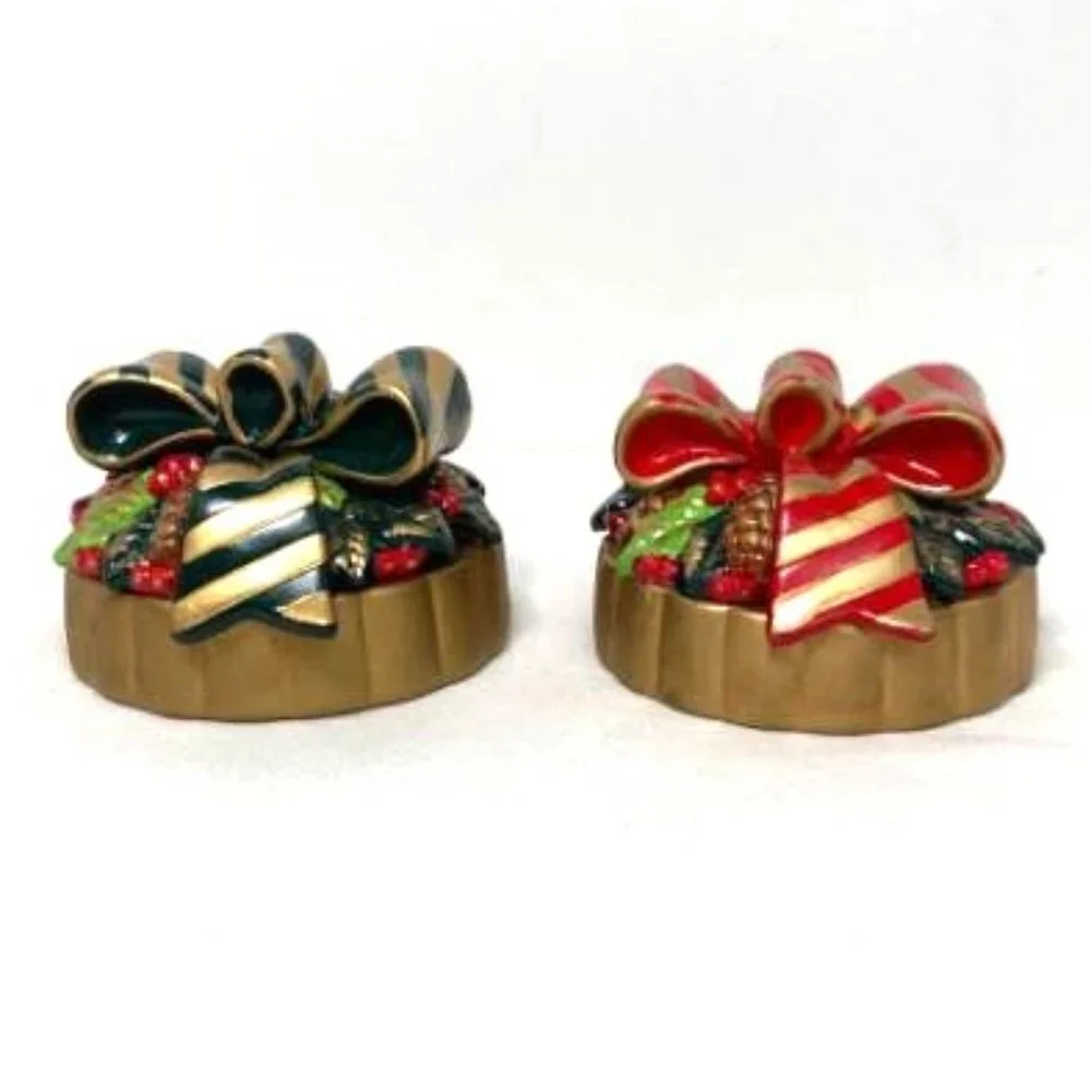 Empire Candle Ceramic Jar Toppers Lot of 2‎ Christmas Green & Red Holiday Decor
